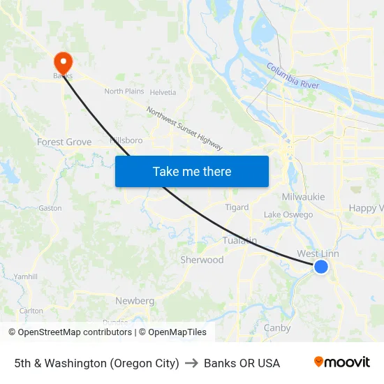 5th & Washington (Oregon City) to Banks OR USA map