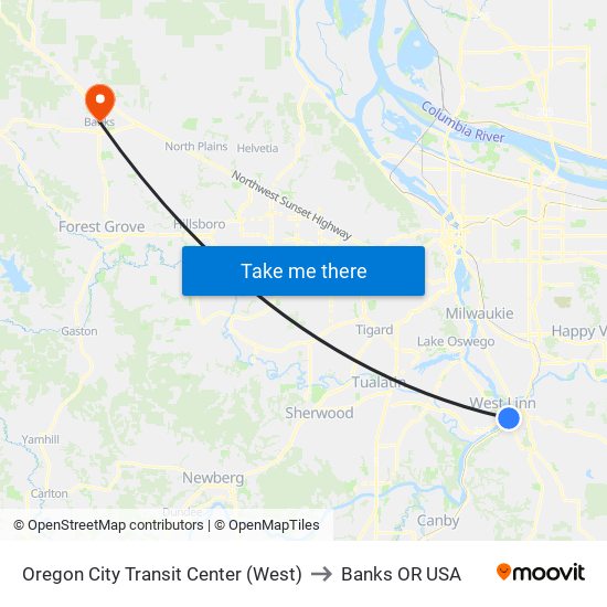 Oregon City Transit Center (West) to Banks OR USA map