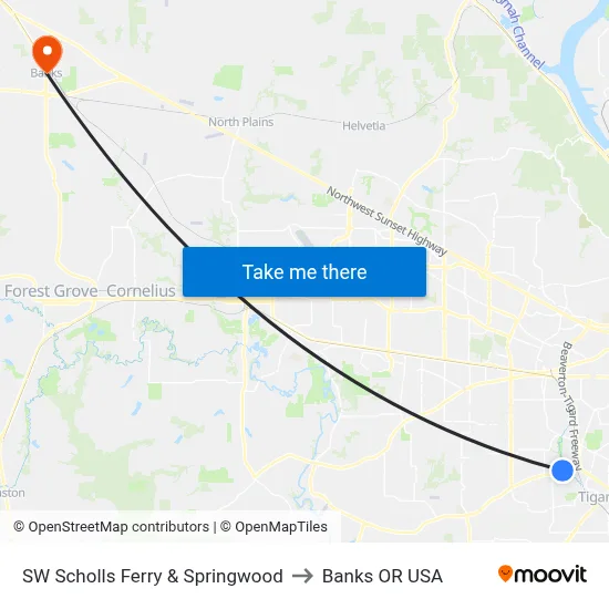 SW Scholls Ferry & Springwood to Banks OR USA map