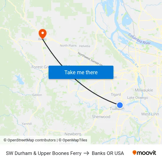 SW Durham & Upper Boones Ferry to Banks OR USA map