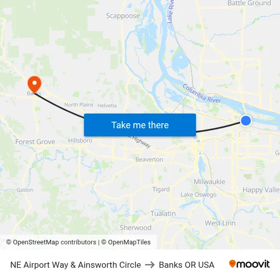 NE Airport Way & Ainsworth Circle to Banks OR USA map