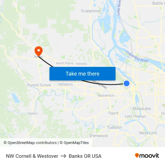 NW Cornell & Westover to Banks OR USA map