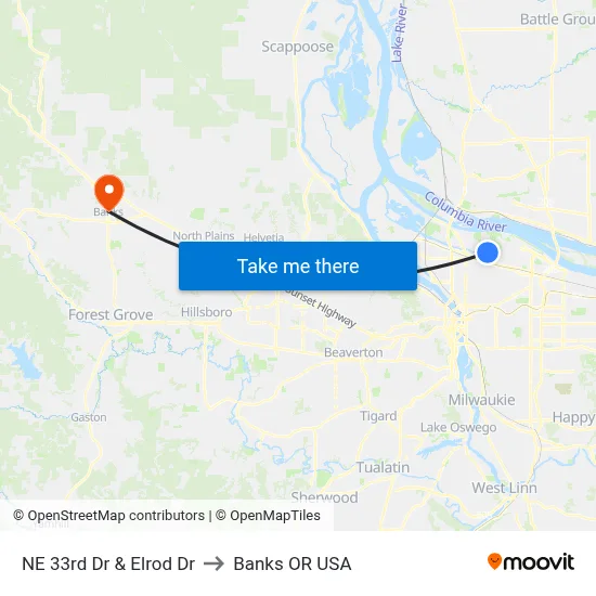 NE 33rd Dr & Elrod Dr to Banks OR USA map