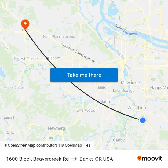 1600 Block Beavercreek Rd to Banks OR USA map