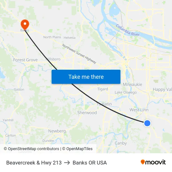Beavercreek & Hwy 213 to Banks OR USA map