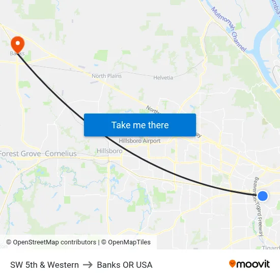 SW 5th & Western to Banks OR USA map