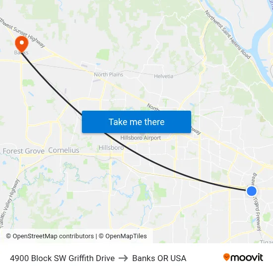 4900 Block SW Griffith Drive to Banks OR USA map
