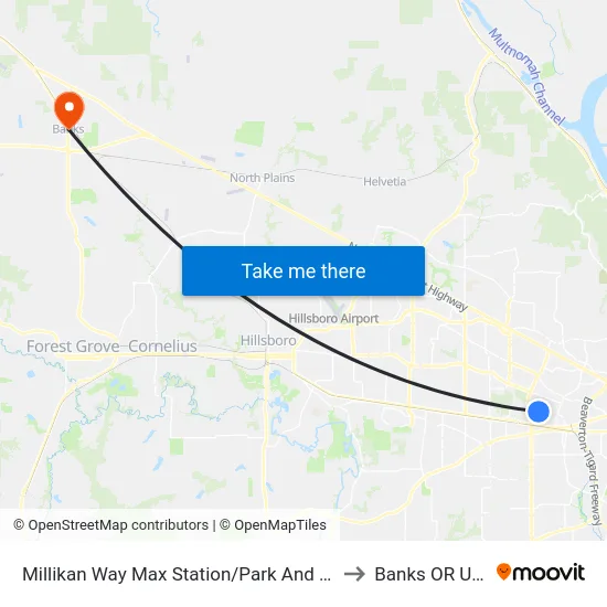 Millikan Way Max Station/Park And Ride to Banks OR USA map