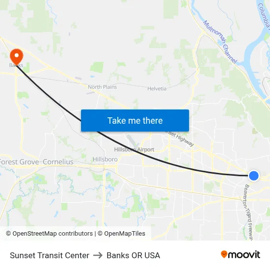 Sunset Transit Center to Banks OR USA map