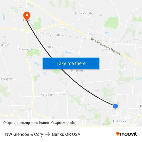 NW Glencoe & Cory to Banks OR USA map