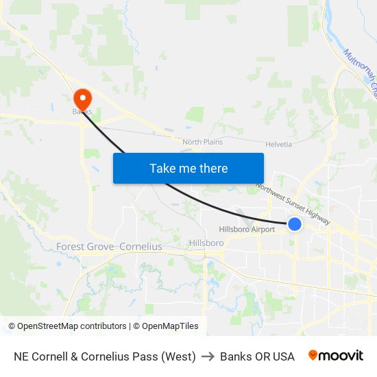 NE Cornell & Cornelius Pass (West) to Banks OR USA map