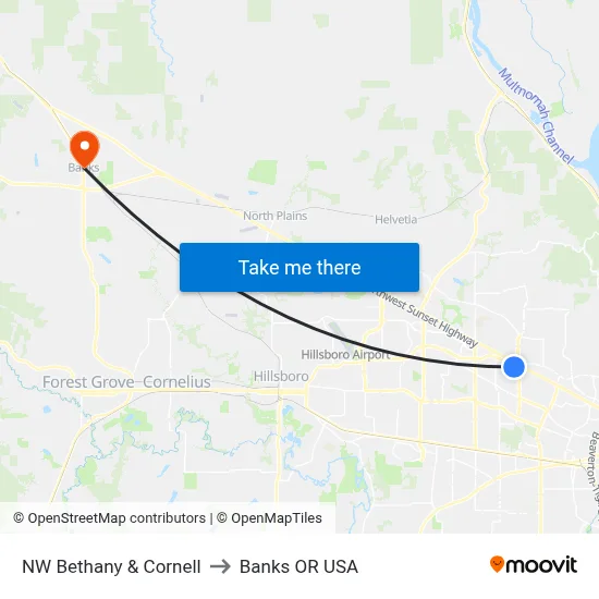 NW Bethany & Cornell to Banks OR USA map