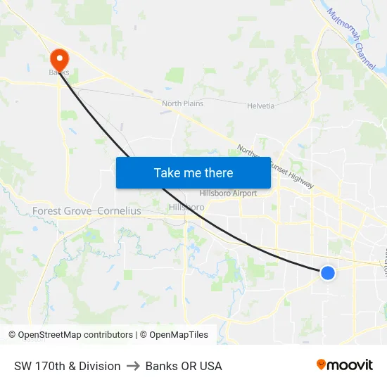 SW 170th & Division to Banks OR USA map