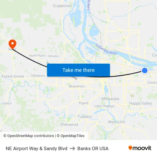 NE Airport Way & Sandy Blvd to Banks OR USA map