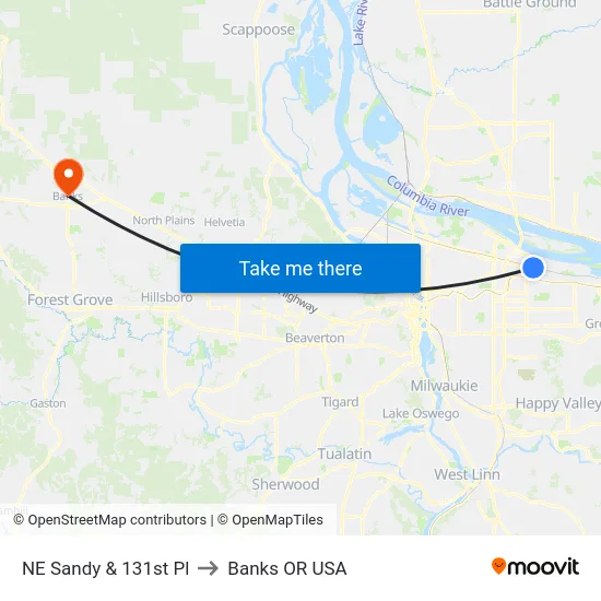 NE Sandy & 131st Pl to Banks OR USA map