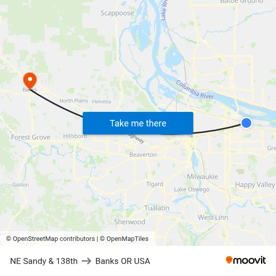 NE Sandy & 138th to Banks OR USA map