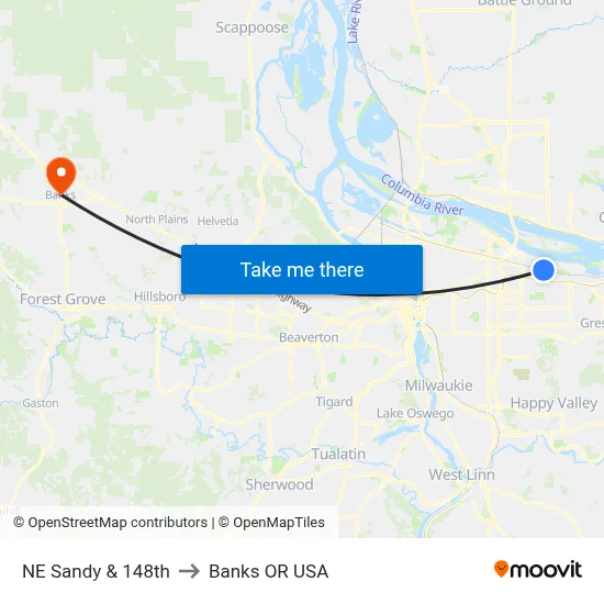 NE Sandy & 148th to Banks OR USA map