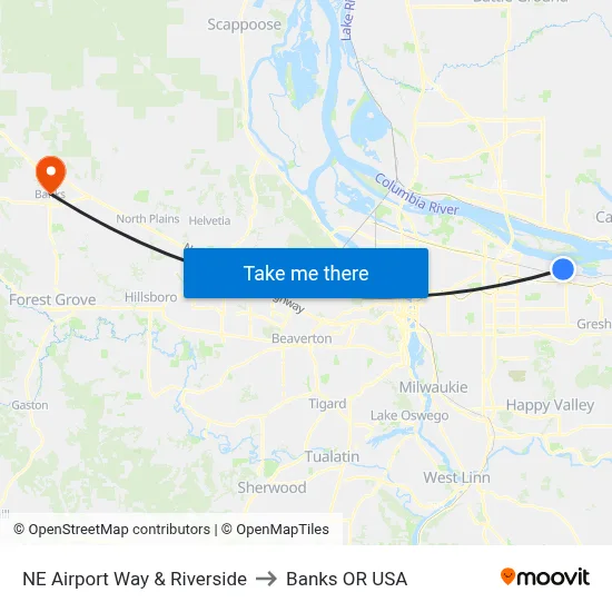 NE Airport Way & Riverside to Banks OR USA map
