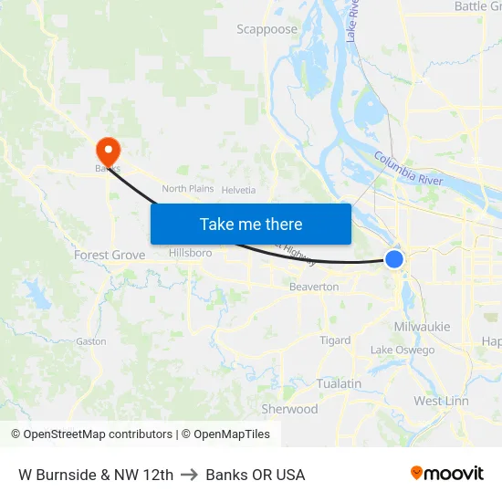 W Burnside & NW 12th to Banks OR USA map