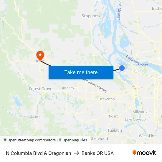 N Columbia Blvd & Oregonian to Banks OR USA map
