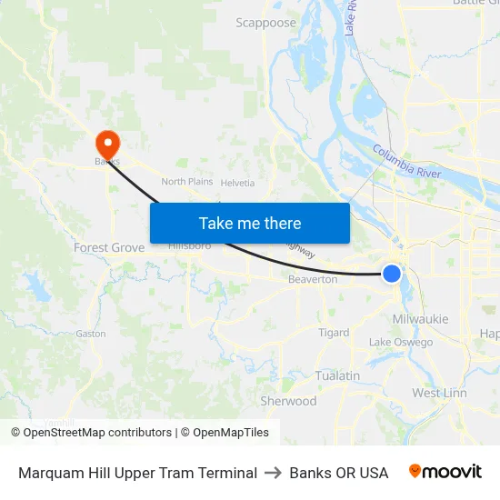 Marquam Hill Upper Tram Terminal to Banks OR USA map