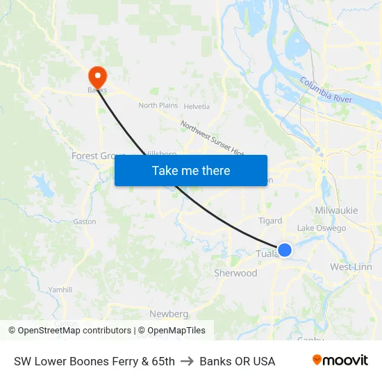 SW Lower Boones Ferry & 65th to Banks OR USA map