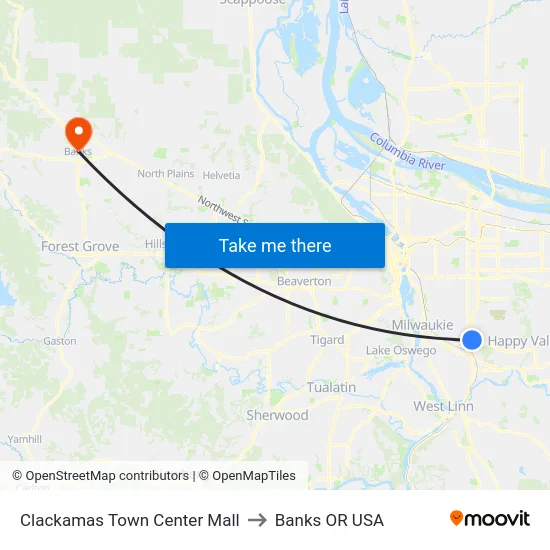 Clackamas Town Center Mall to Banks OR USA map