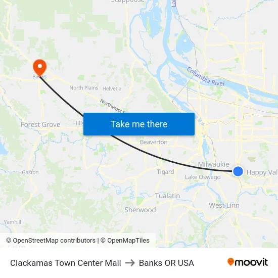 Clackamas Town Center Mall to Banks OR USA map