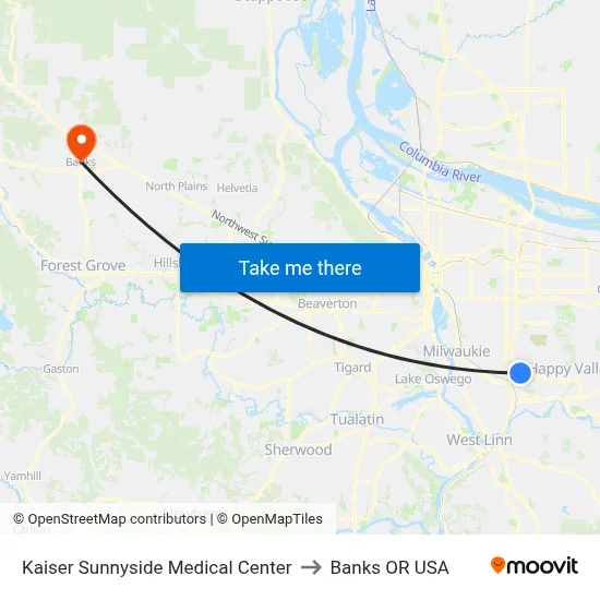 Kaiser Sunnyside Medical Center to Banks OR USA map