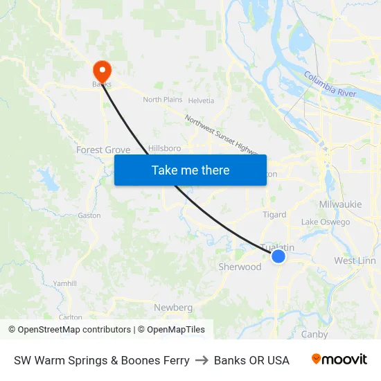 SW Warm Springs & Boones Ferry to Banks OR USA map