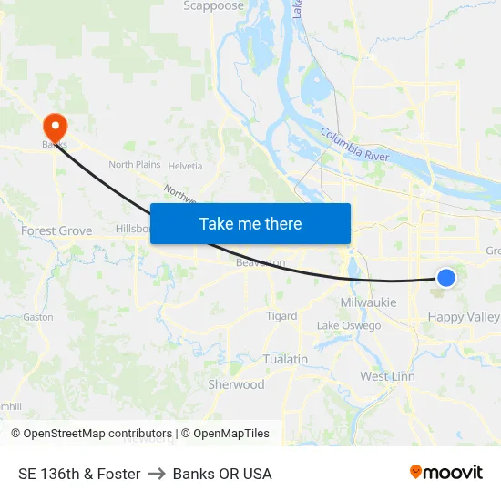 SE 136th & Foster to Banks OR USA map