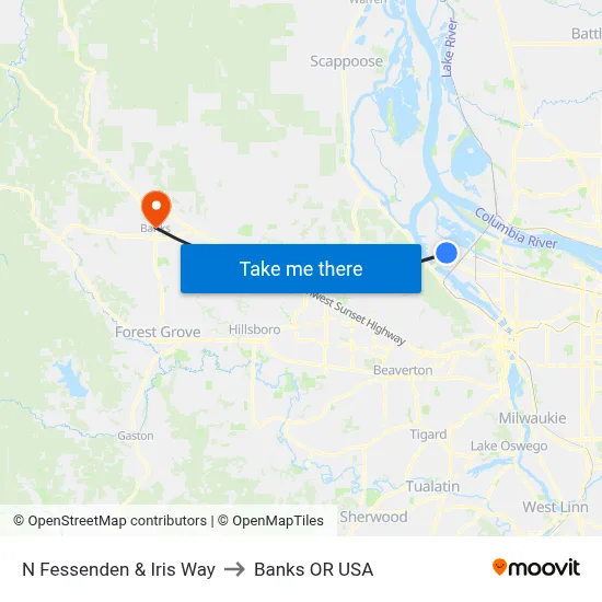N Fessenden & Iris Way to Banks OR USA map