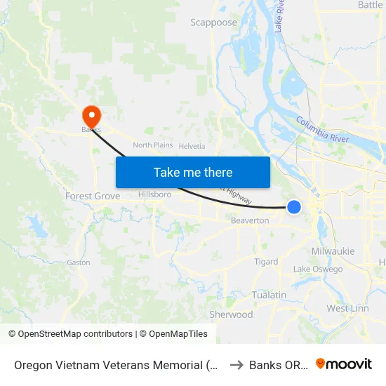 Oregon Vietnam Veterans Memorial (Southbound) to Banks OR USA map