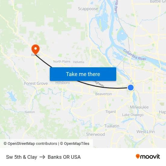 Sw 5th & Clay to Banks OR USA map