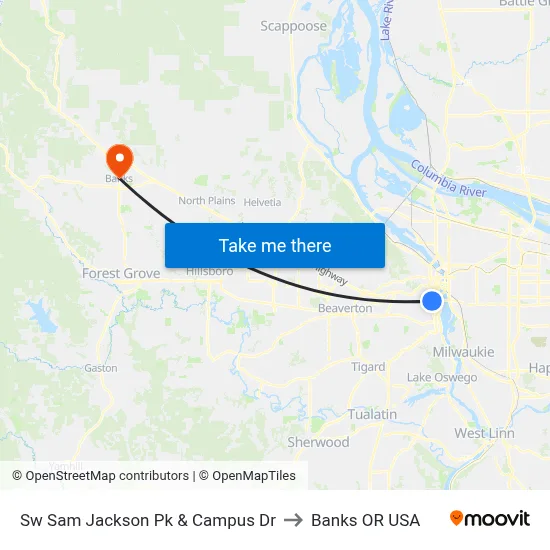 Sw Sam Jackson Pk & Campus Dr to Banks OR USA map