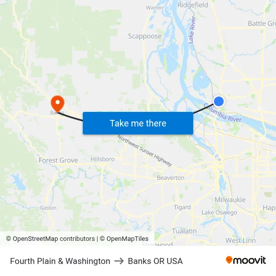 Fourth Plain & Washington to Banks OR USA map