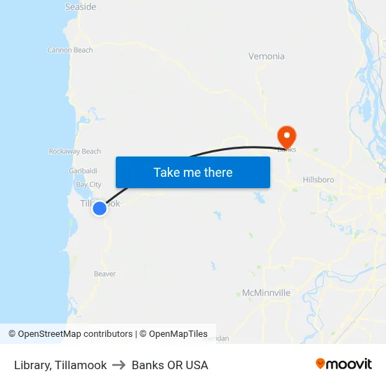 Library, Tillamook to Banks OR USA map