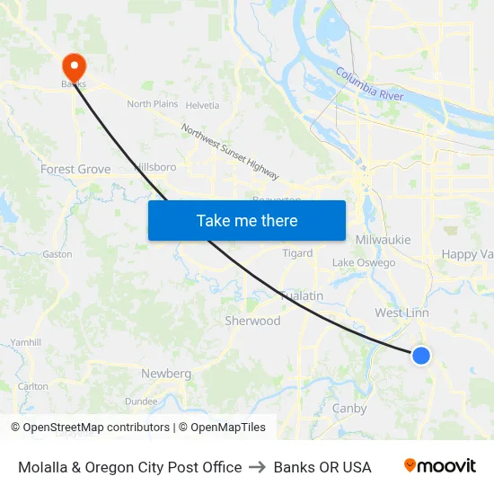 Molalla & Oregon City Post Office to Banks OR USA map