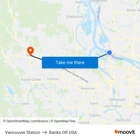 Vancouver Station to Banks OR USA map
