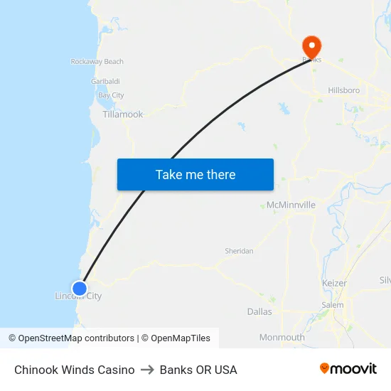 Chinook Winds Casino to Banks OR USA map