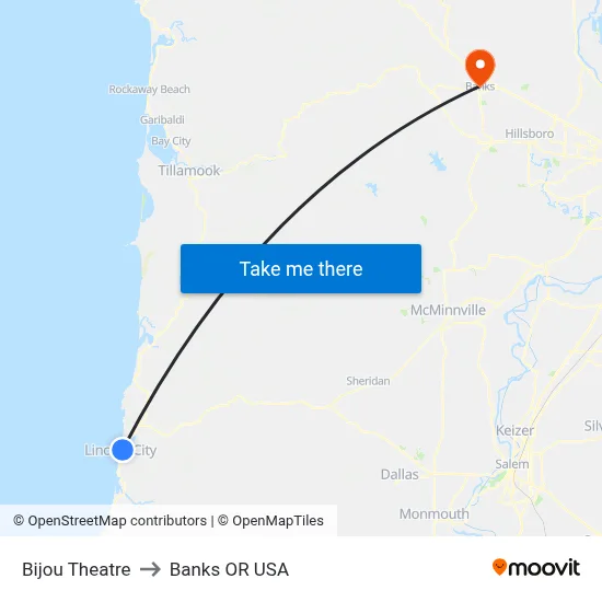 Bijou Theatre to Banks OR USA map