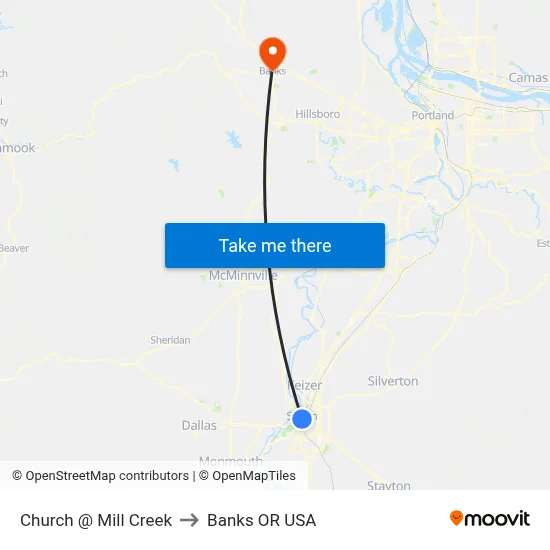 Church @ Mill Creek to Banks OR USA map