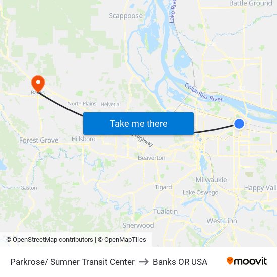 Parkrose/ Sumner Transit Center to Banks OR USA map