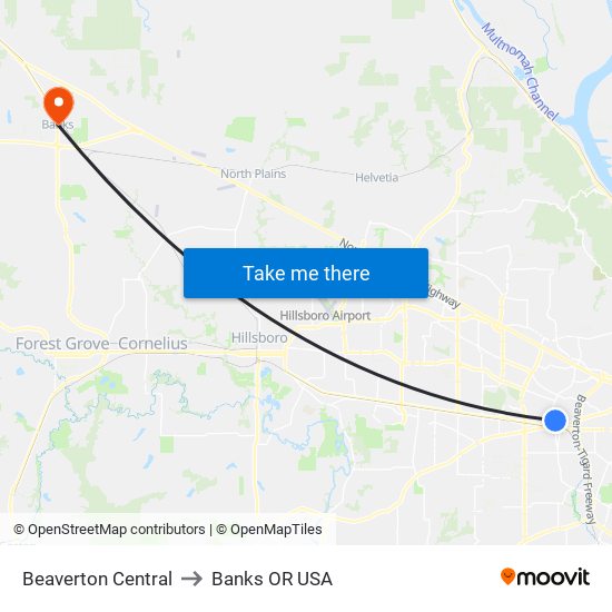 Beaverton Central to Banks OR USA map