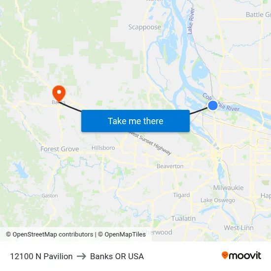 12100 N Pavilion to Banks OR USA map