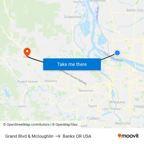 Grand Blvd & Mcloughlin to Banks OR USA map