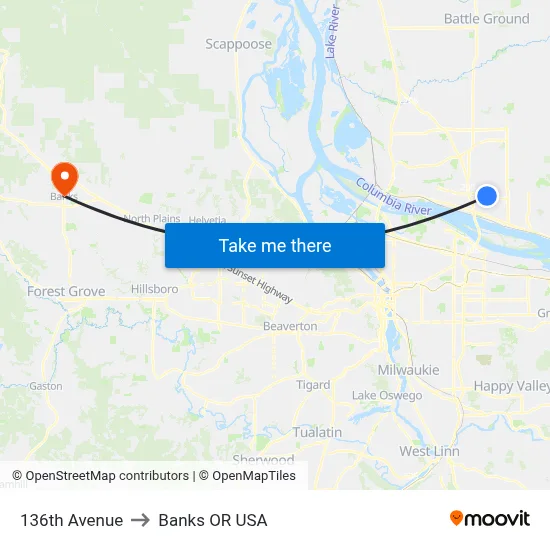 136th Avenue to Banks OR USA map
