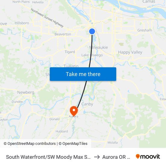 South Waterfront/SW Moody Max Station to Aurora OR USA map