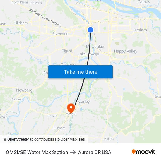 OMSI/SE Water Max Station to Aurora OR USA map