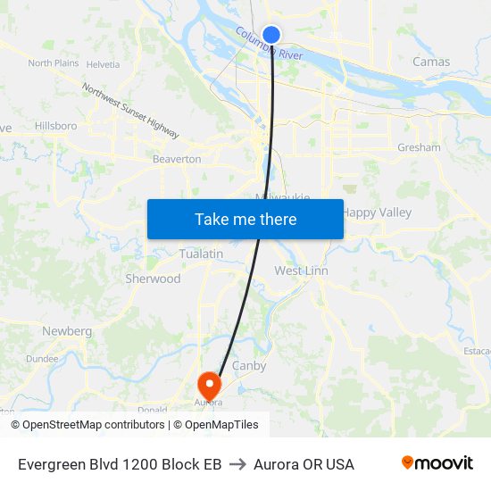 Evergreen Blvd 1200 Block EB to Aurora OR USA map
